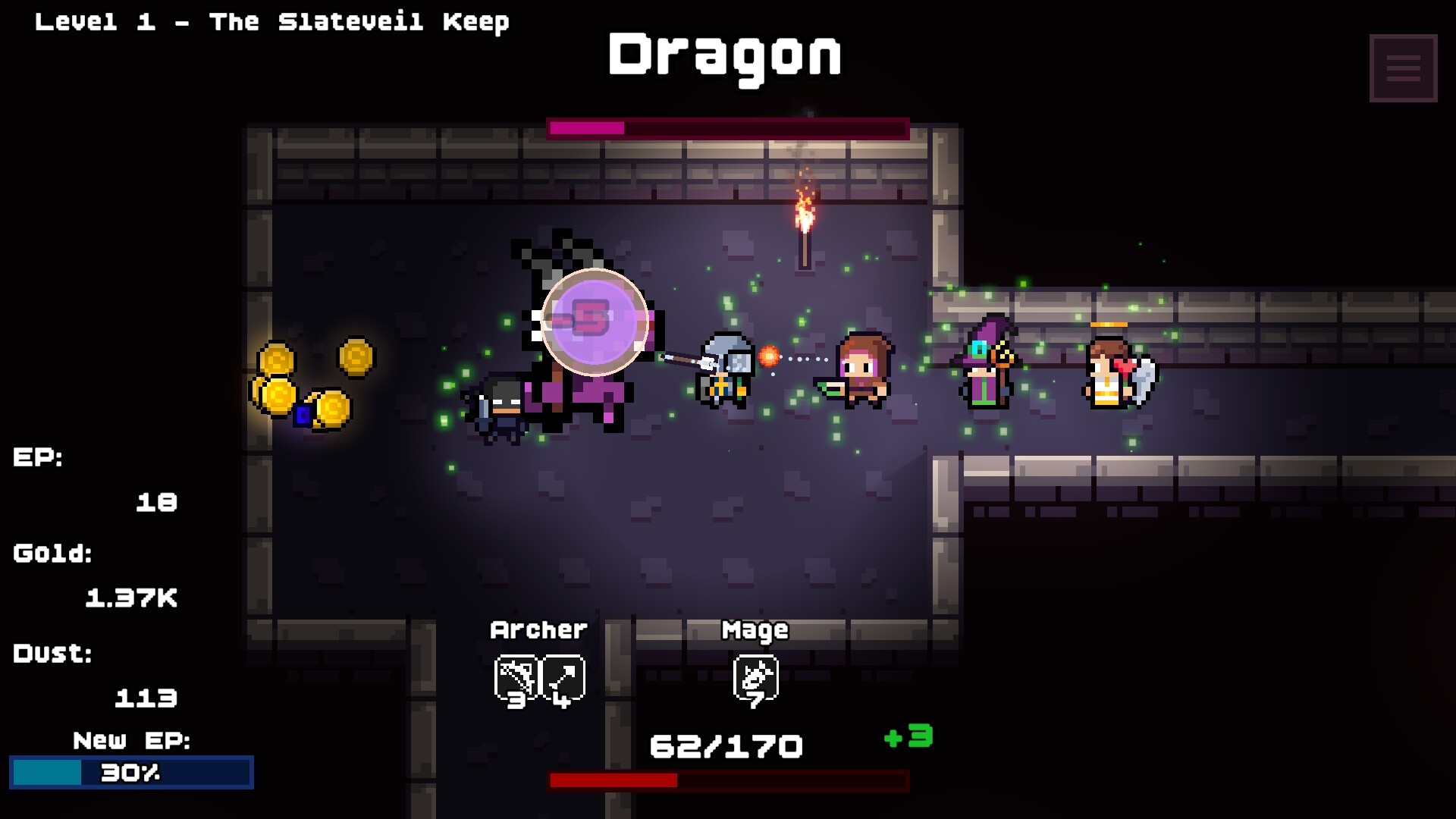 Loop Dungeon boss screenshot with a Dragon health bar above a party of heroes.